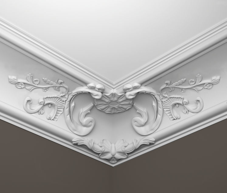 Cartouche d'angle de corniche D880A en staff se colle sur le plafond et le mur