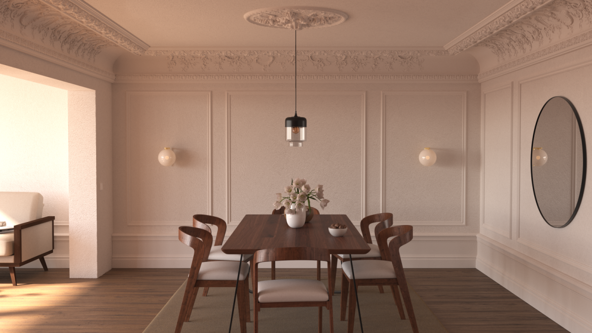 Une corniche ornementée en staff, la D881B dans une salle à manger