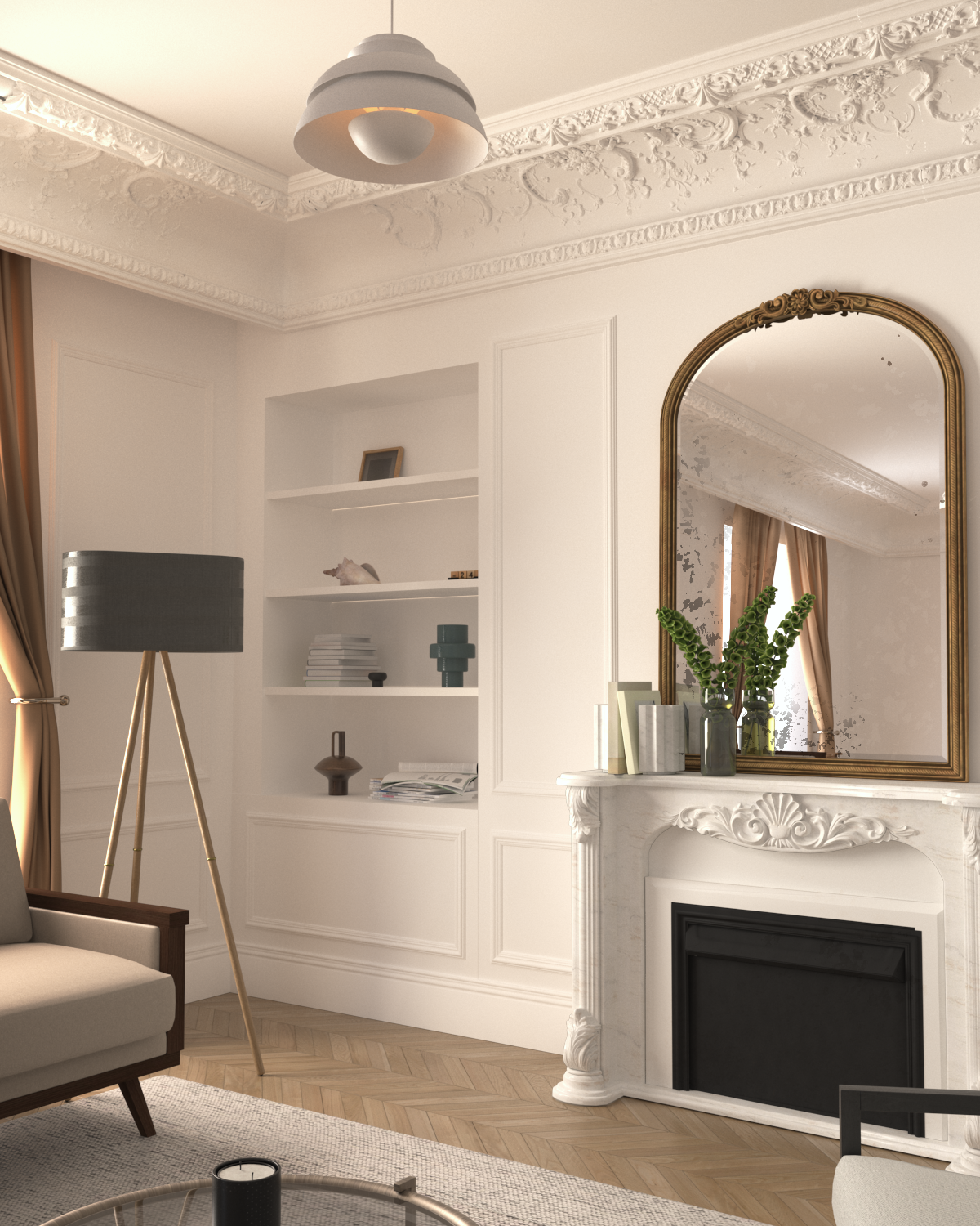 Une corniche ornementée au plafond en staff, la D881B