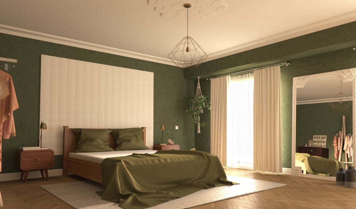 Chambre contemporaine avec corniche en staff et rosace M502 au plafond